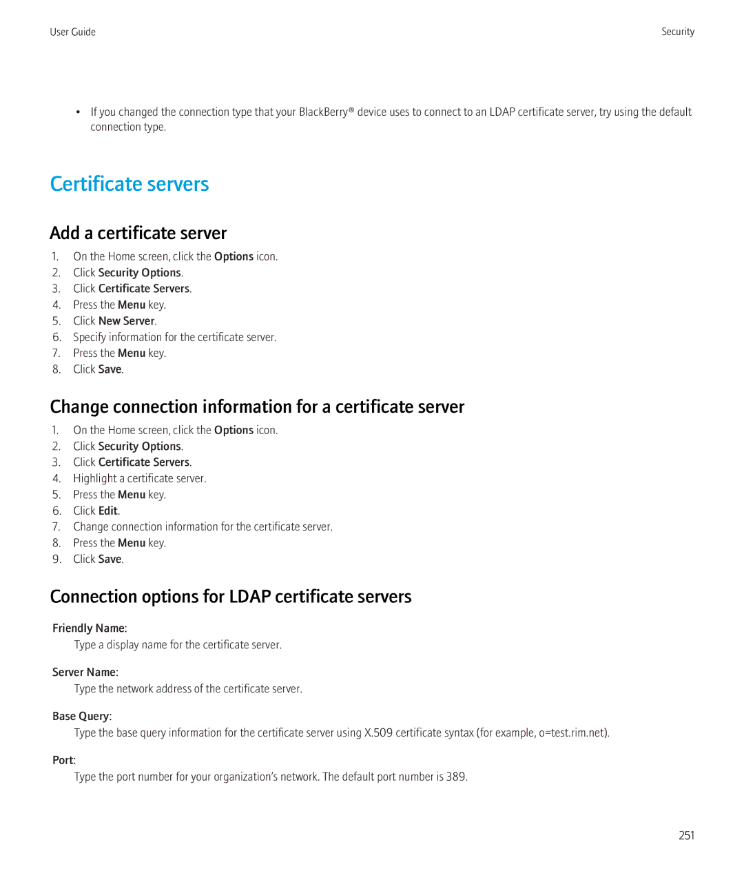 Blackberry 3980228 Certificate servers, Add a certificate server, Change connection information for a certificate server 