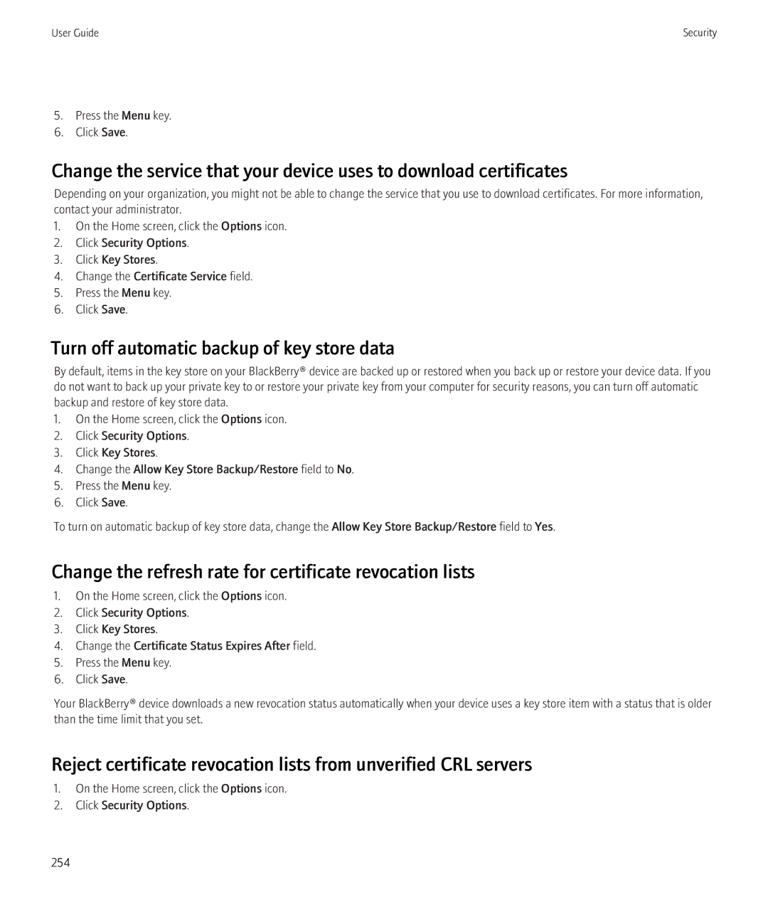 Blackberry 3980228 Turn off automatic backup of key store data, Change the refresh rate for certificate revocation lists 