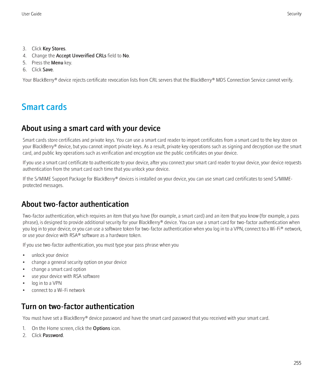 Blackberry 3980228 manual Smart cards, About using a smart card with your device, About two-factor authentication 