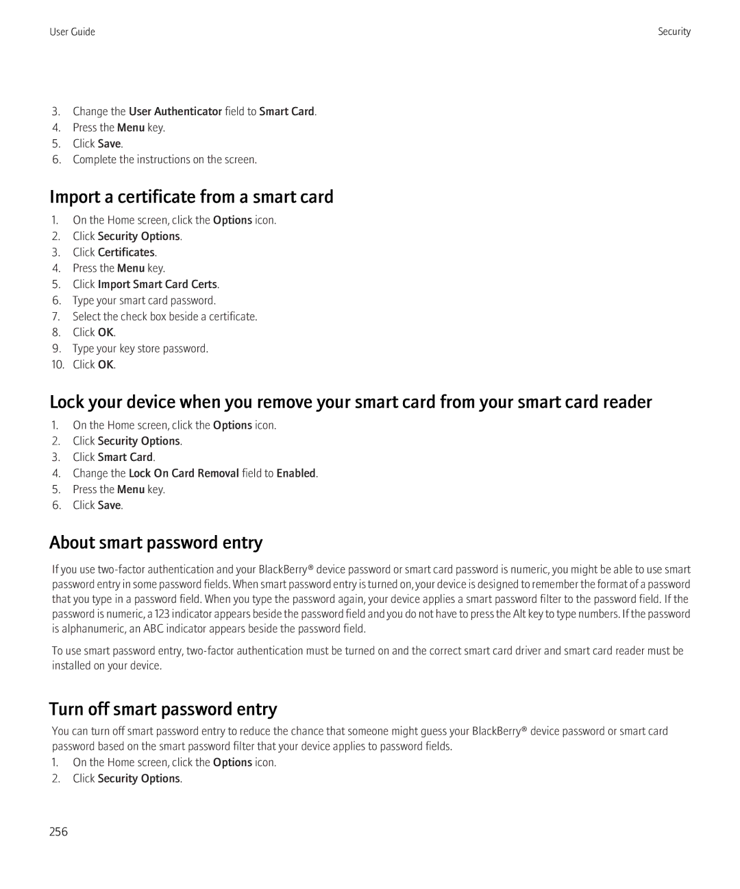 Blackberry 3980228 manual Import a certificate from a smart card, About smart password entry, Turn off smart password entry 