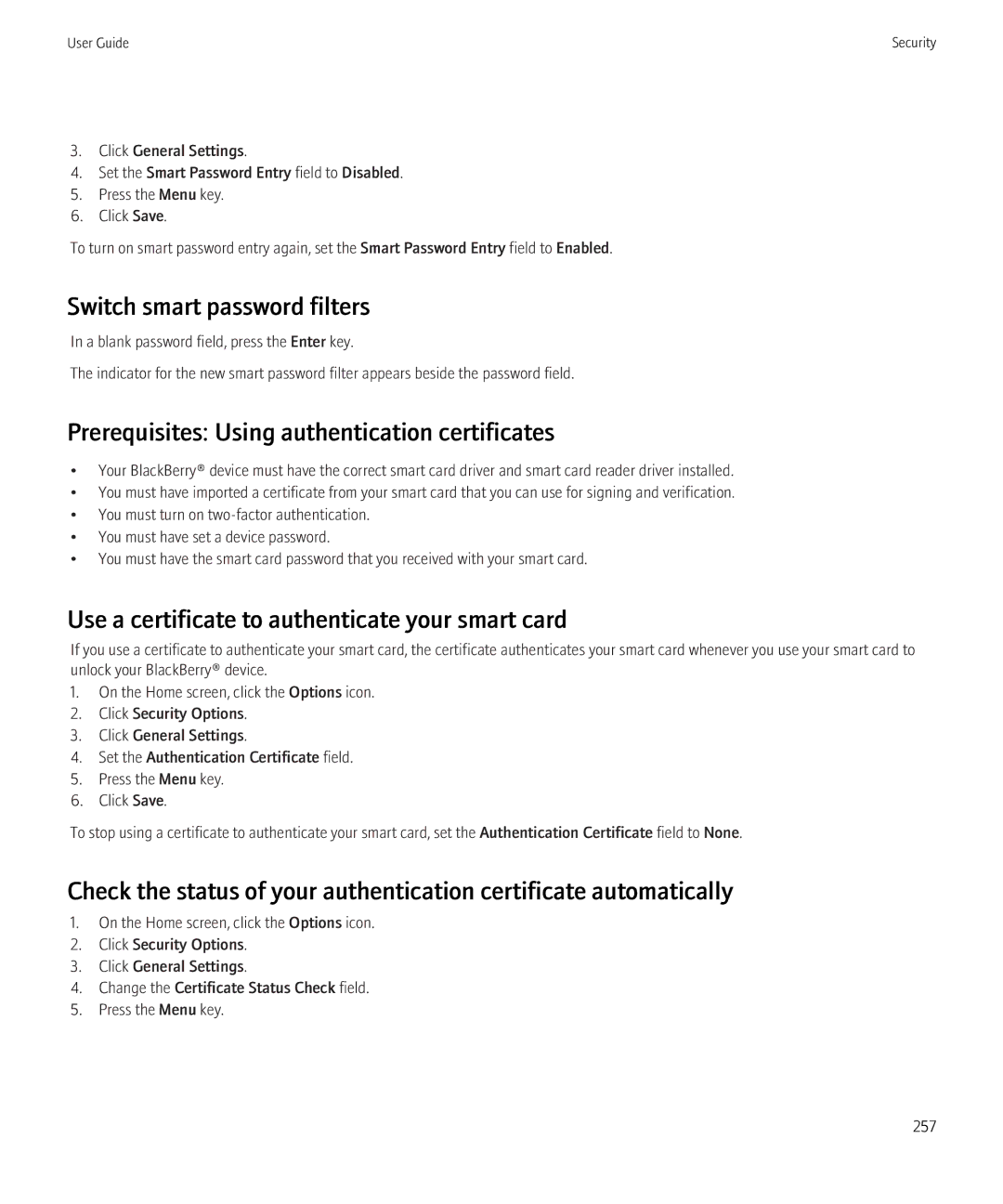 Blackberry 3980228 manual Switch smart password filters, Prerequisites Using authentication certificates 