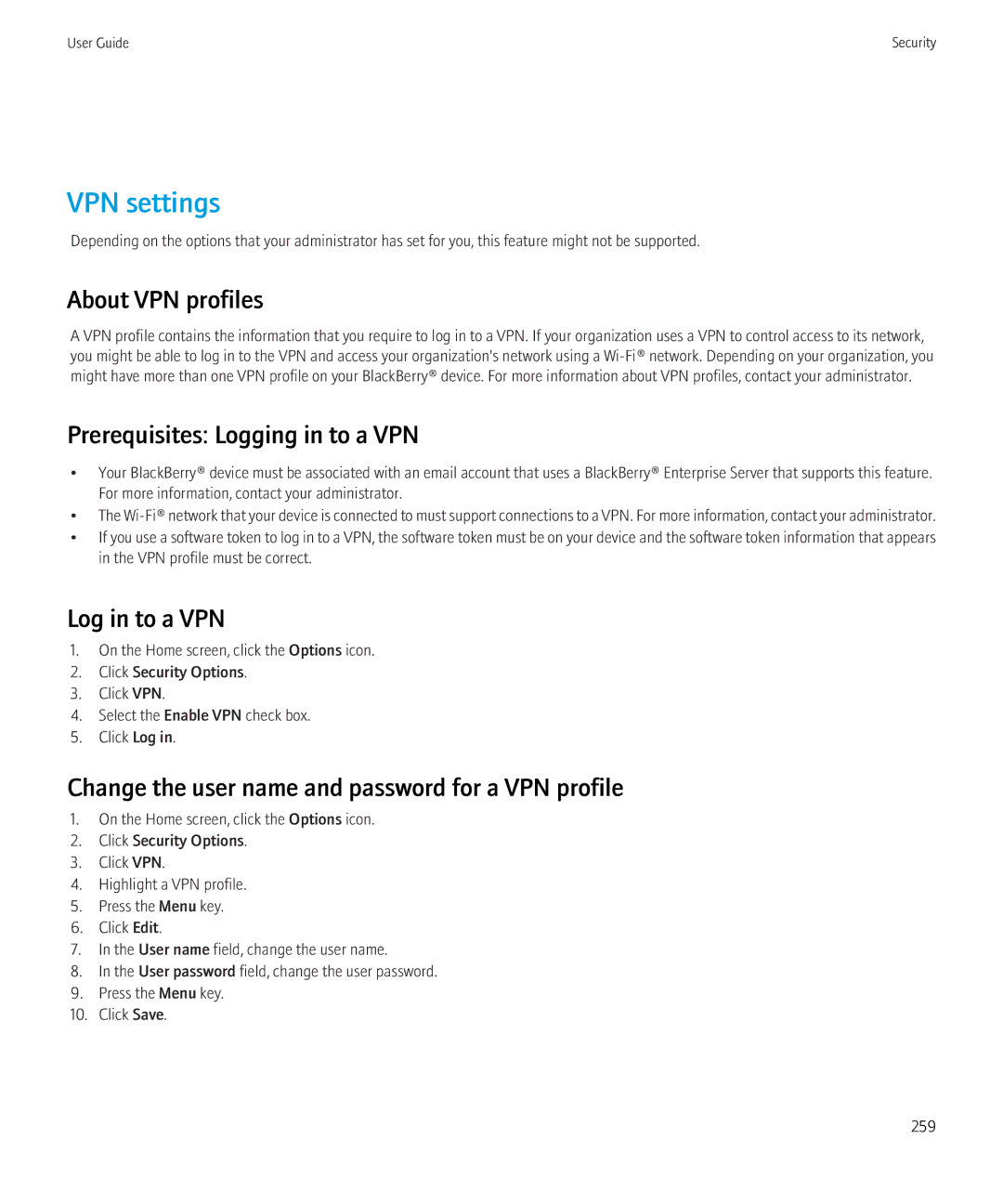 Blackberry 3980228 manual VPN settings, About VPN profiles, Prerequisites Logging in to a VPN, Log in to a VPN 