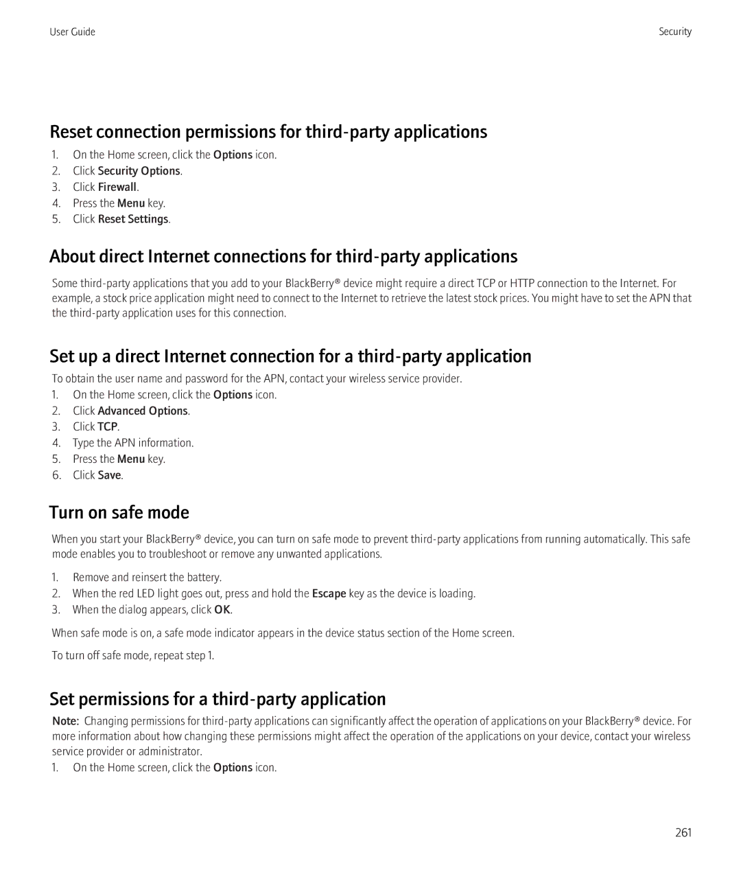 Blackberry 3980228 manual Reset connection permissions for third-party applications, Turn on safe mode 