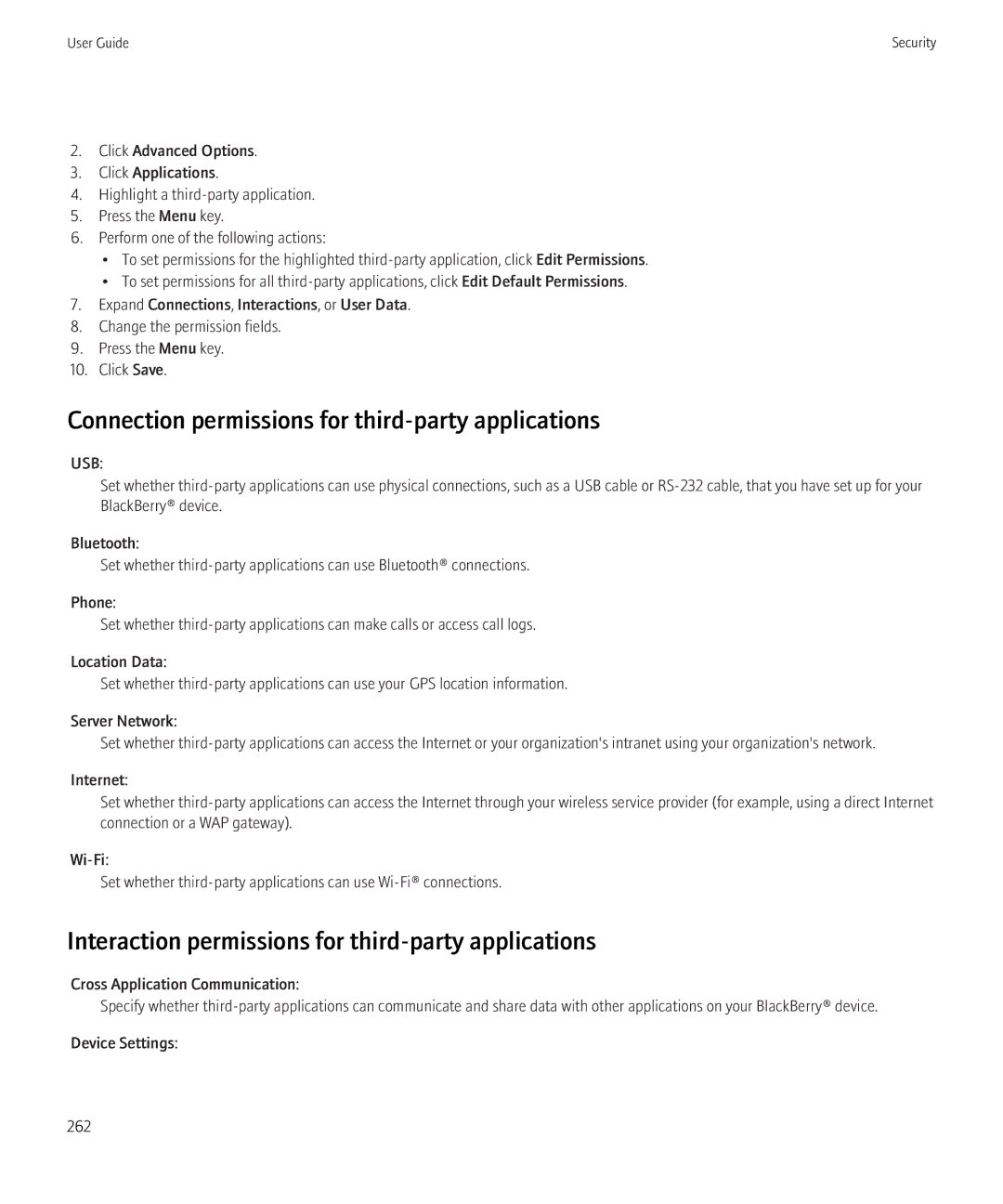 Blackberry 3980228 manual Connection permissions for third-party applications 