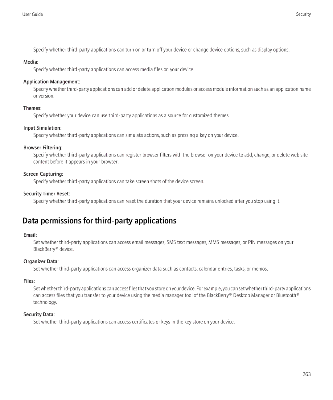 Blackberry 3980228 manual Data permissions for third-party applications 
