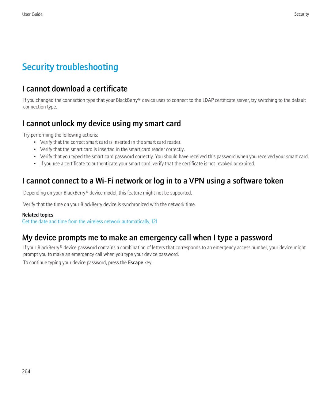 Blackberry 3980228 Security troubleshooting, Cannot download a certificate, Cannot unlock my device using my smart card 