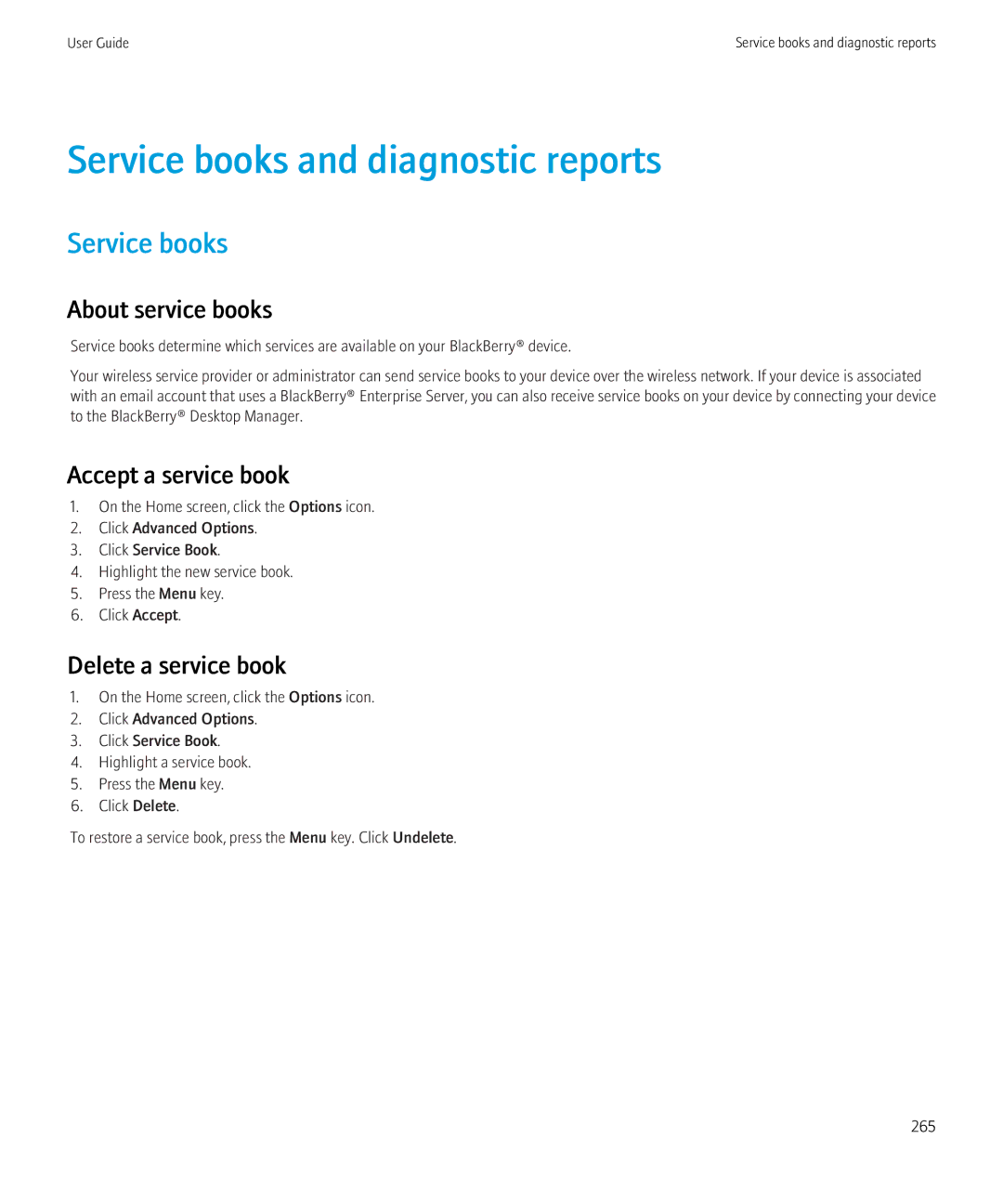 Blackberry 3980228 Service books and diagnostic reports, About service books, Accept a service book, Delete a service book 