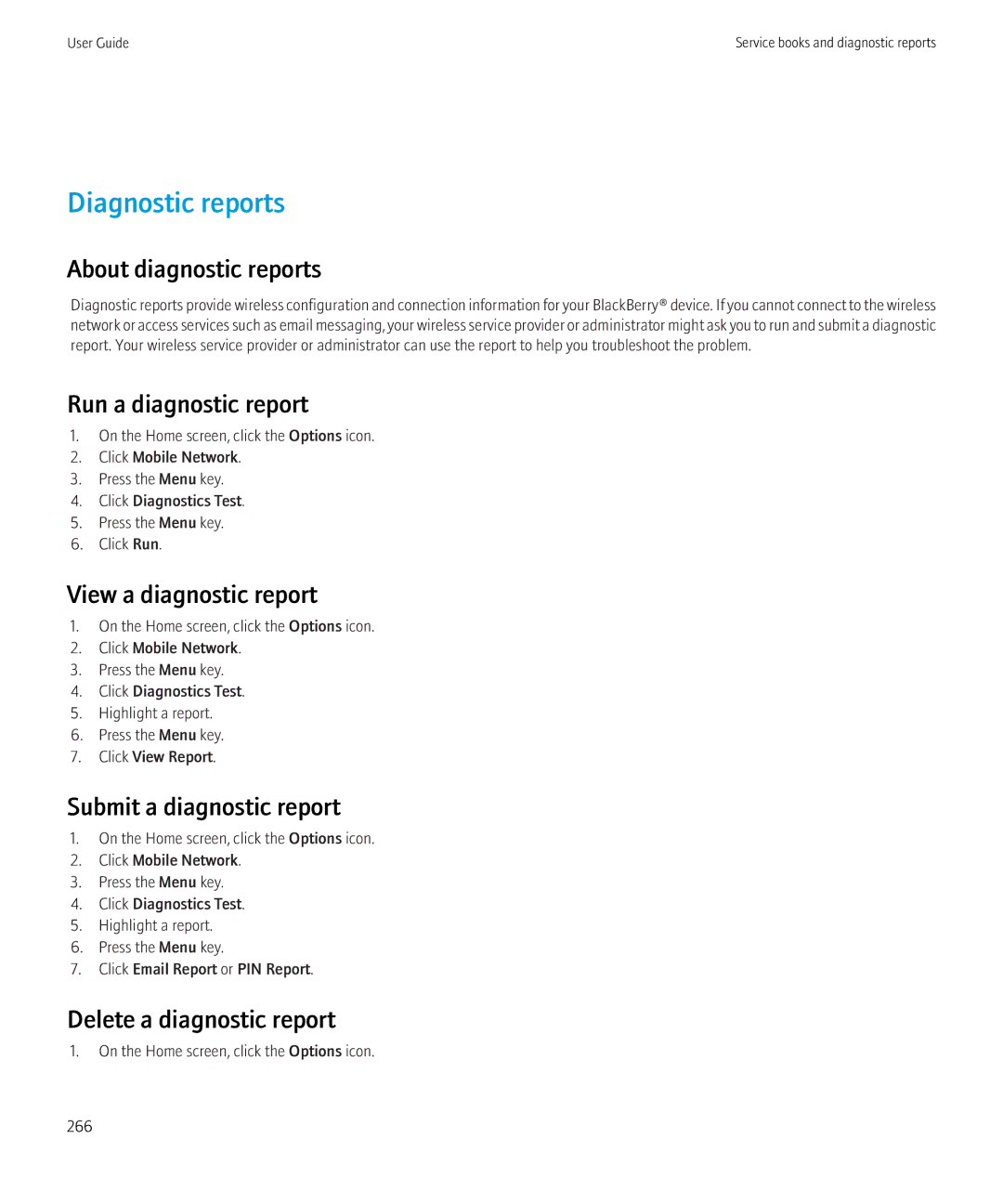 Blackberry 3980228 manual Diagnostic reports 