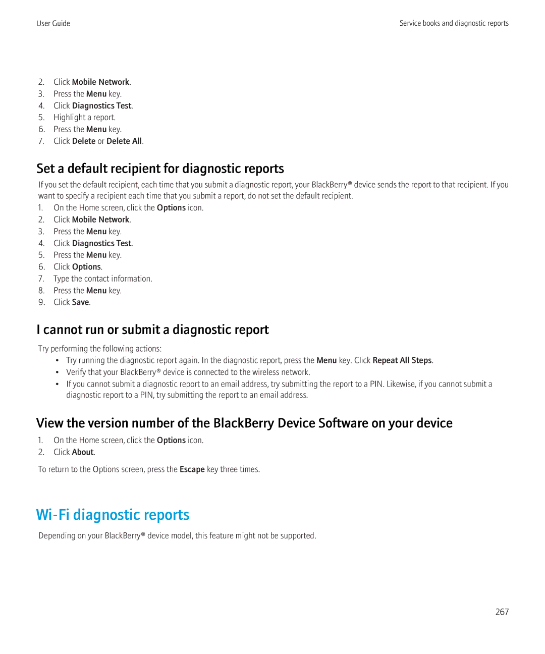 Blackberry 3980228 manual Wi-Fi diagnostic reports, Set a default recipient for diagnostic reports 