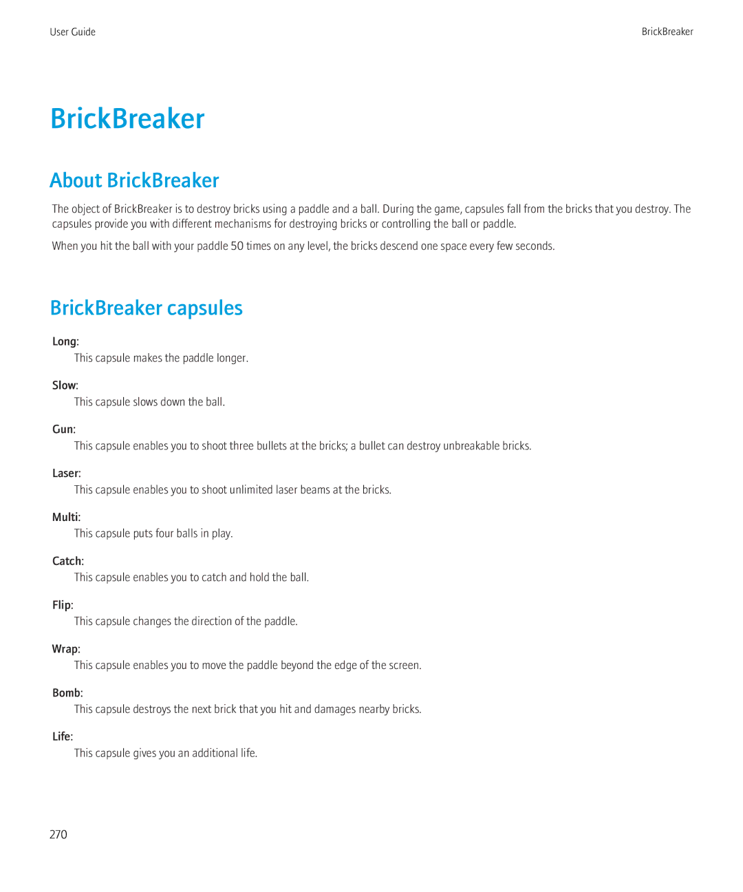 Blackberry 3980228 manual About BrickBreaker, BrickBreaker capsules 