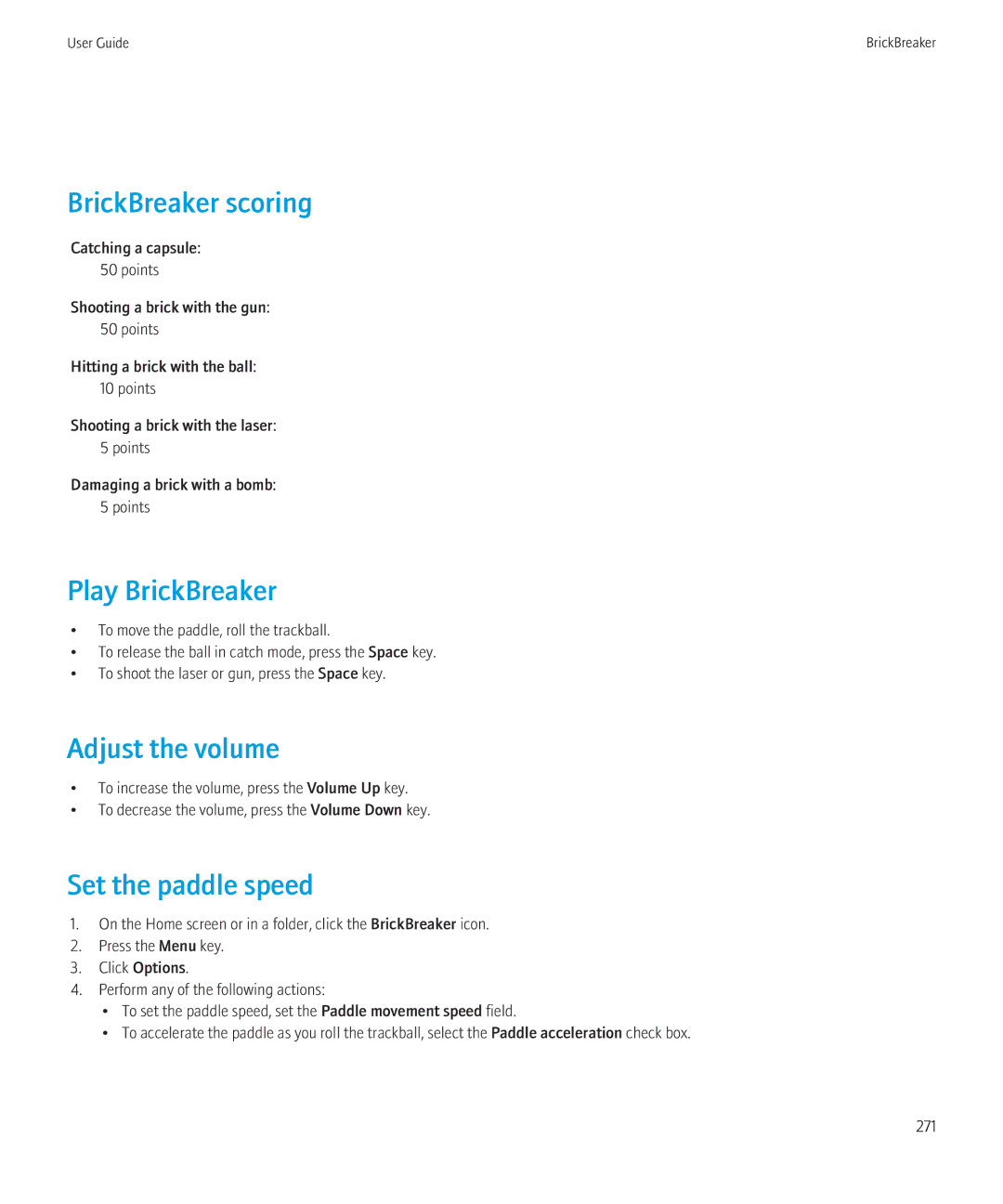 Blackberry 3980228 manual BrickBreaker scoring, Play BrickBreaker, Adjust the volume, Set the paddle speed 