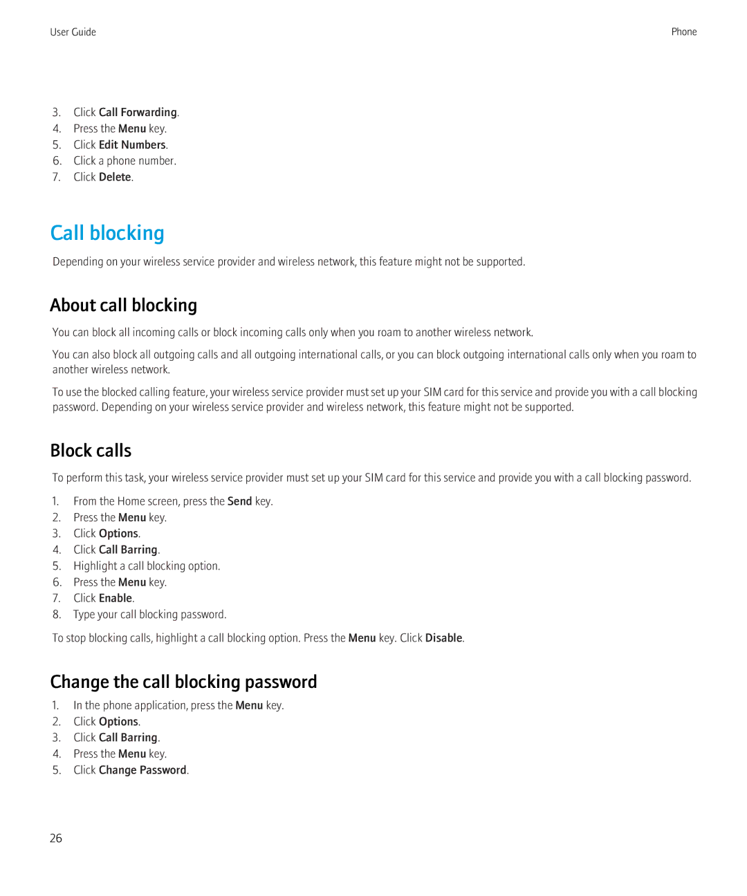 Blackberry 3980228 manual Call blocking, About call blocking, Block calls, Change the call blocking password 