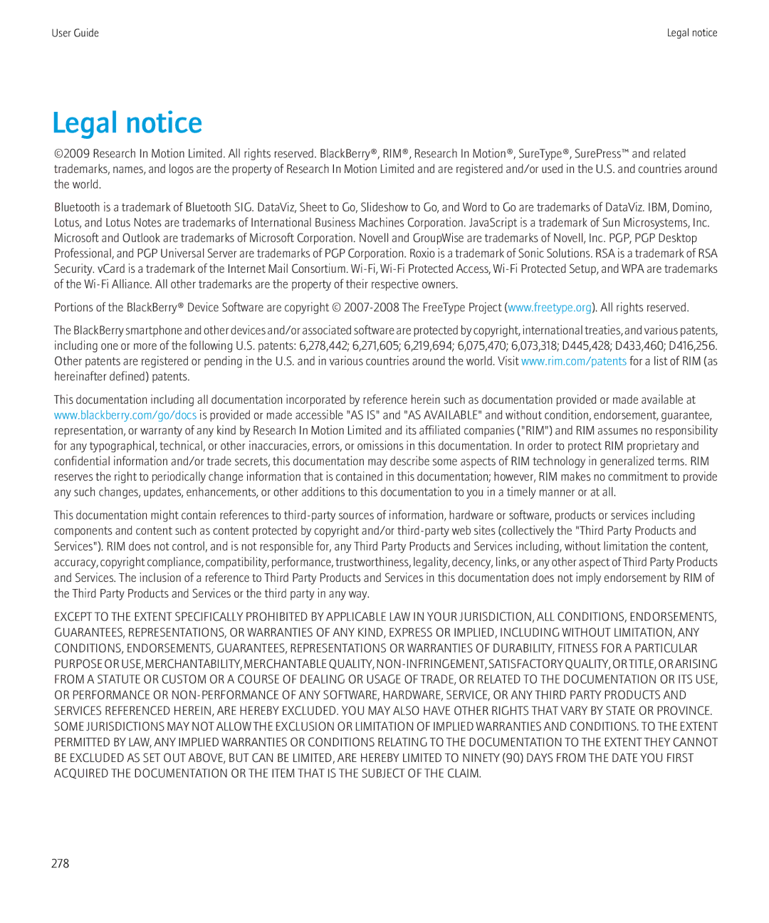 Blackberry 3980228 manual Legal notice, 278 