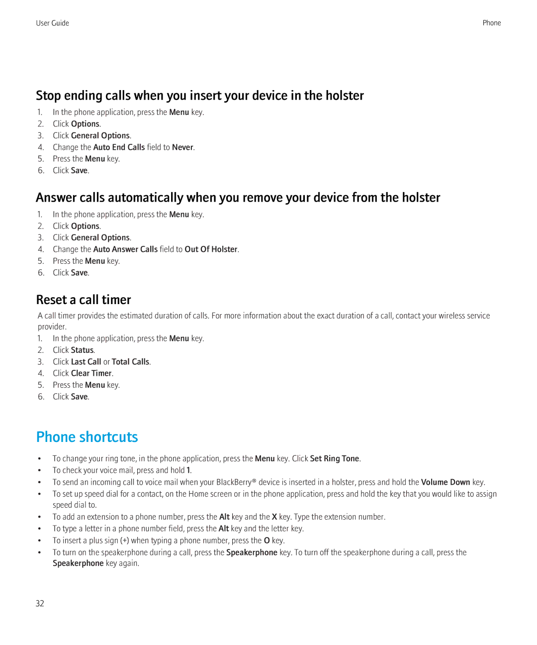 Blackberry 3980228 manual Stop ending calls when you insert your device in the holster, Reset a call timer 