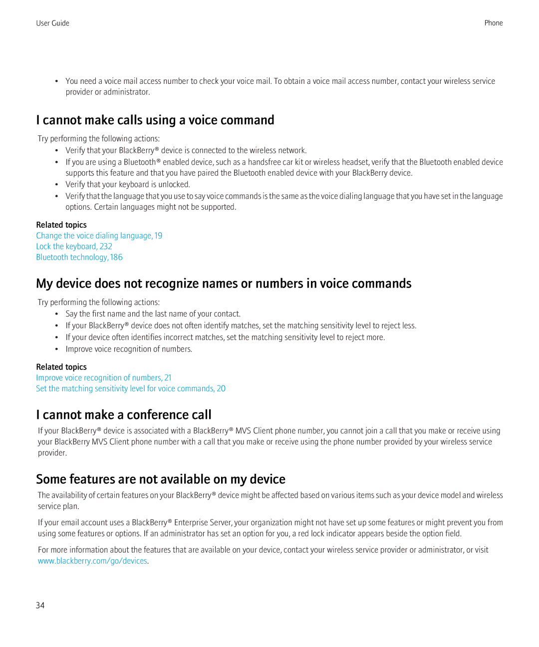 Blackberry 3980228 manual Cannot make calls using a voice command, Cannot make a conference call 