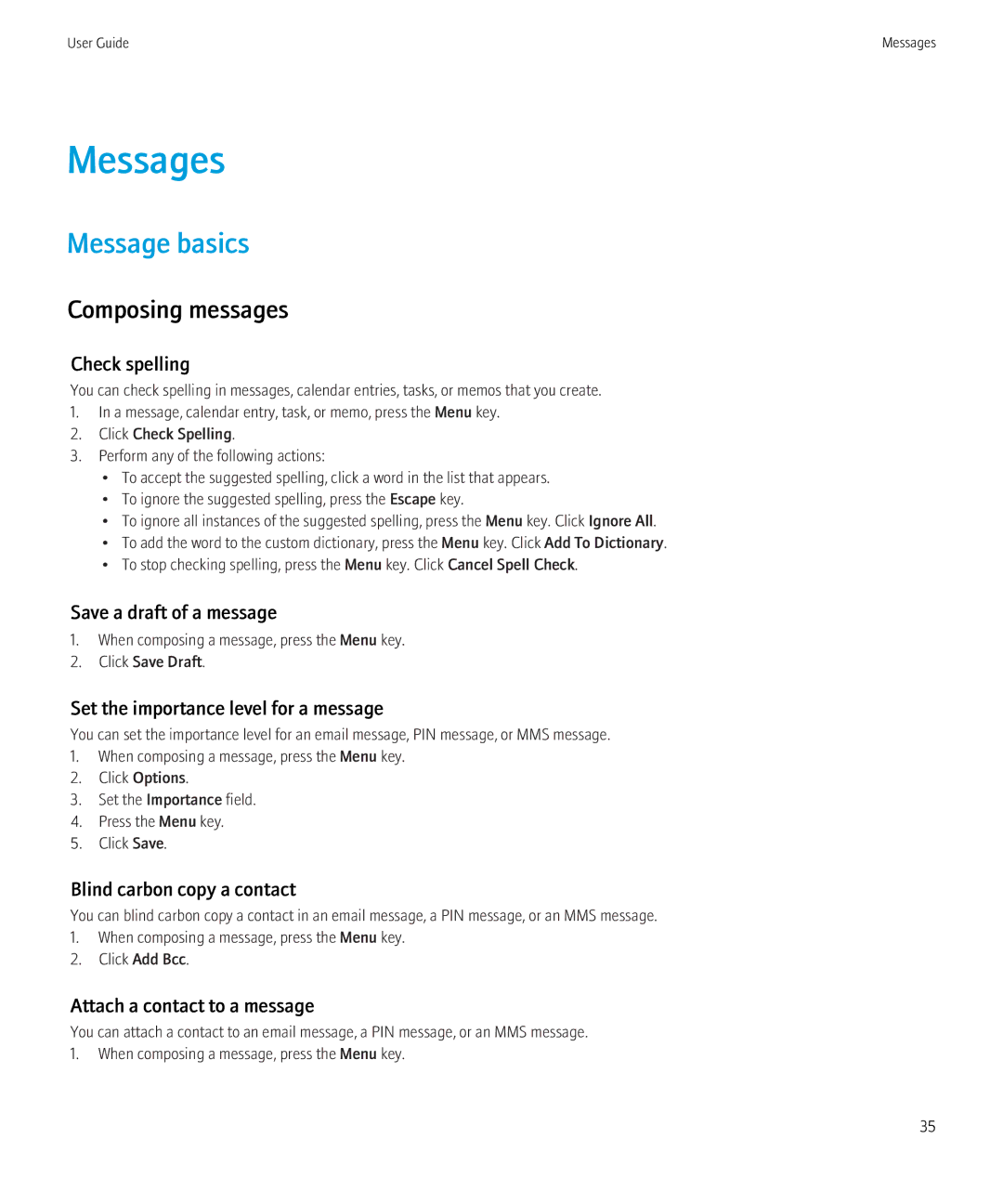 Blackberry 3980228 manual Messages, Message basics, Composing messages 