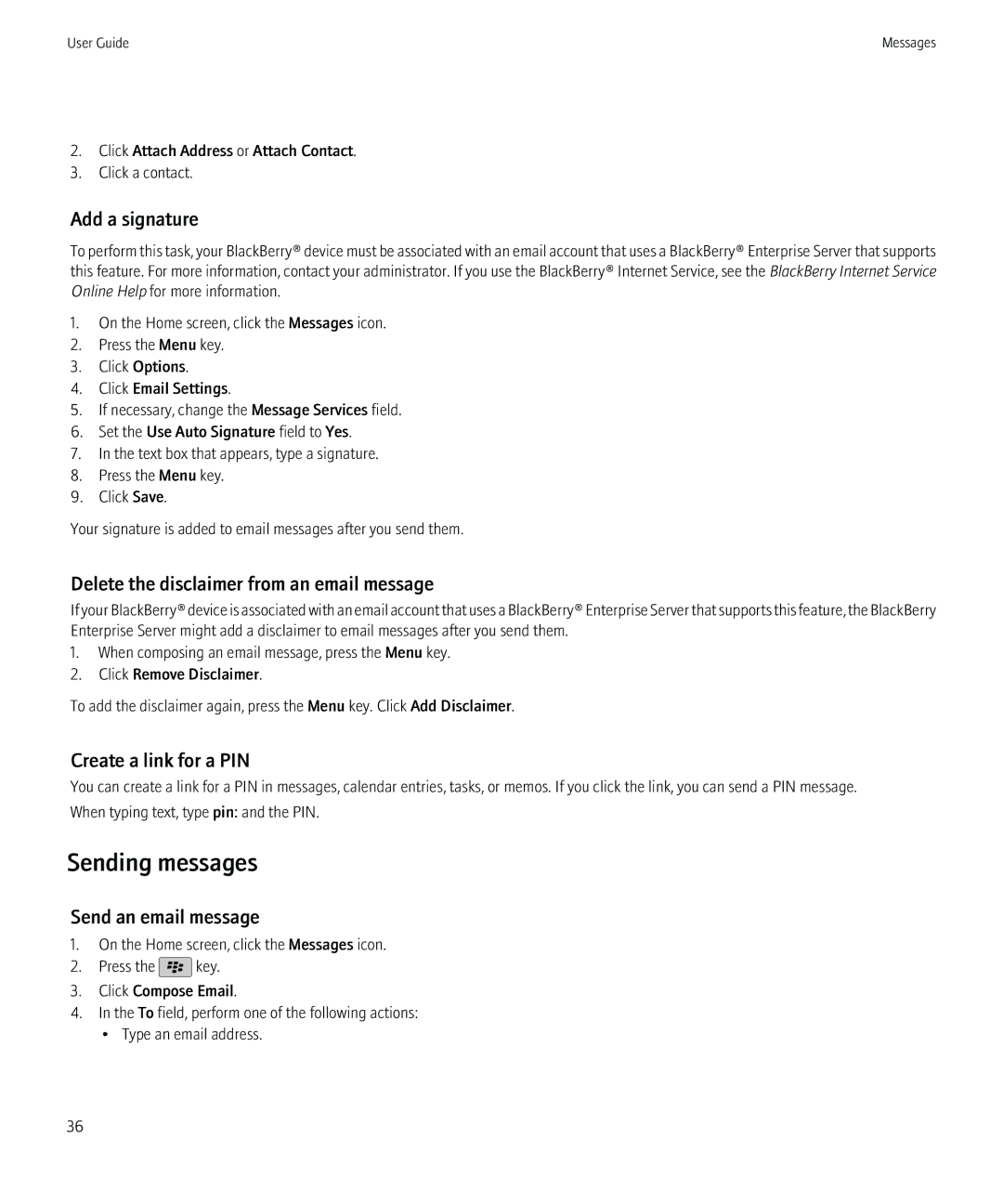 Blackberry 3980228 Sending messages, Add a signature, Delete the disclaimer from an email message, Create a link for a PIN 