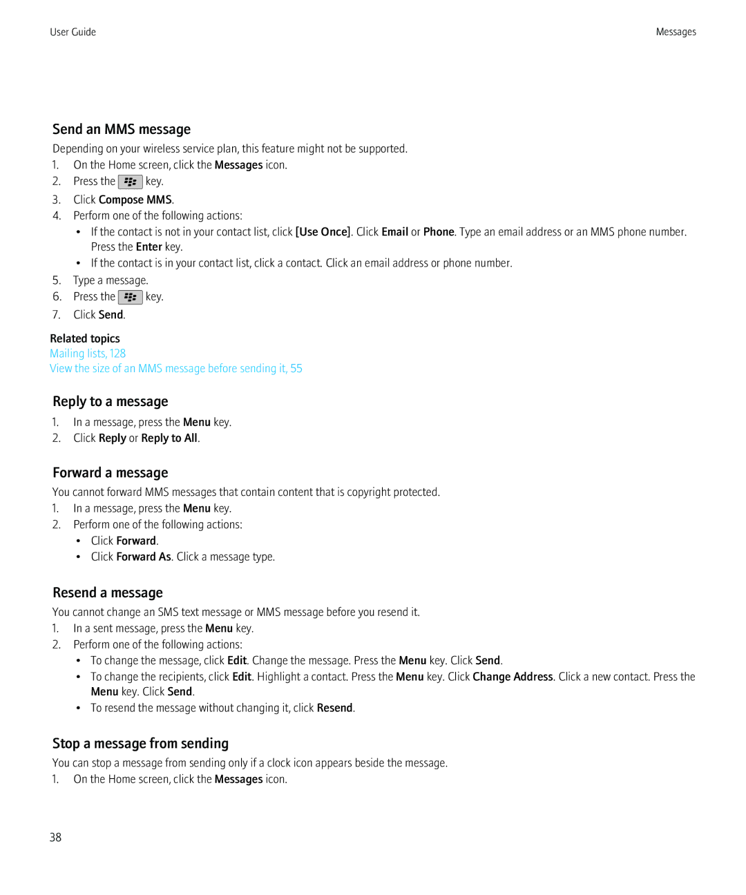 Blackberry 3980228 manual Send an MMS message, Reply to a message, Forward a message, Resend a message 