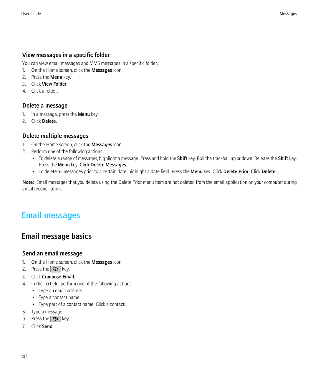 Blackberry 3980228 manual Email messages, Email message basics, View messages in a specific folder, Delete a message 