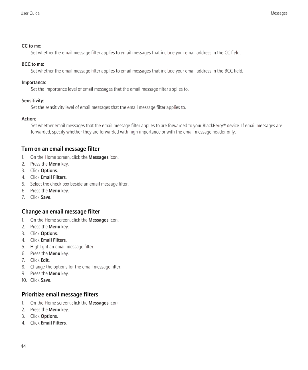Blackberry 3980228 manual Turn on an email message filter, Change an email message filter, Prioritize email message filters 