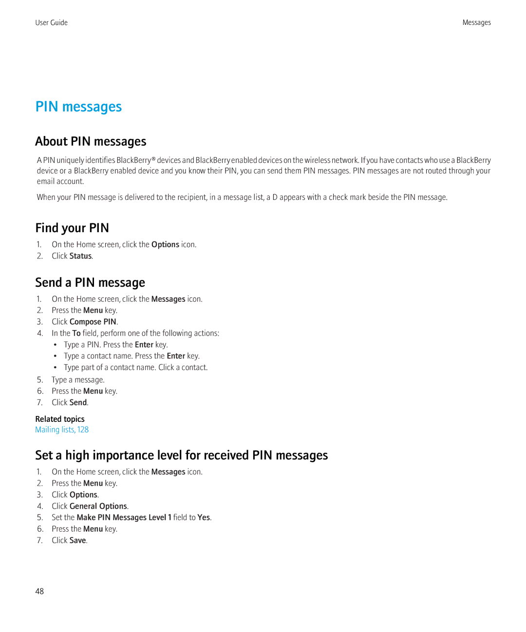 Blackberry 3980228 manual About PIN messages, Find your PIN, Send a PIN message 