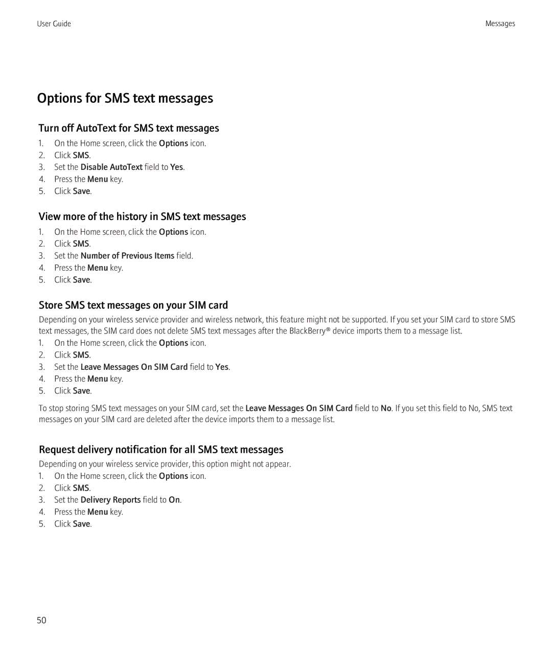 Blackberry 3980228 manual Options for SMS text messages, Turn off AutoText for SMS text messages 