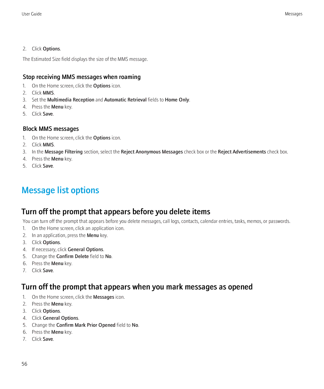 Blackberry 3980228 manual Message list options, Stop receiving MMS messages when roaming, Block MMS messages 