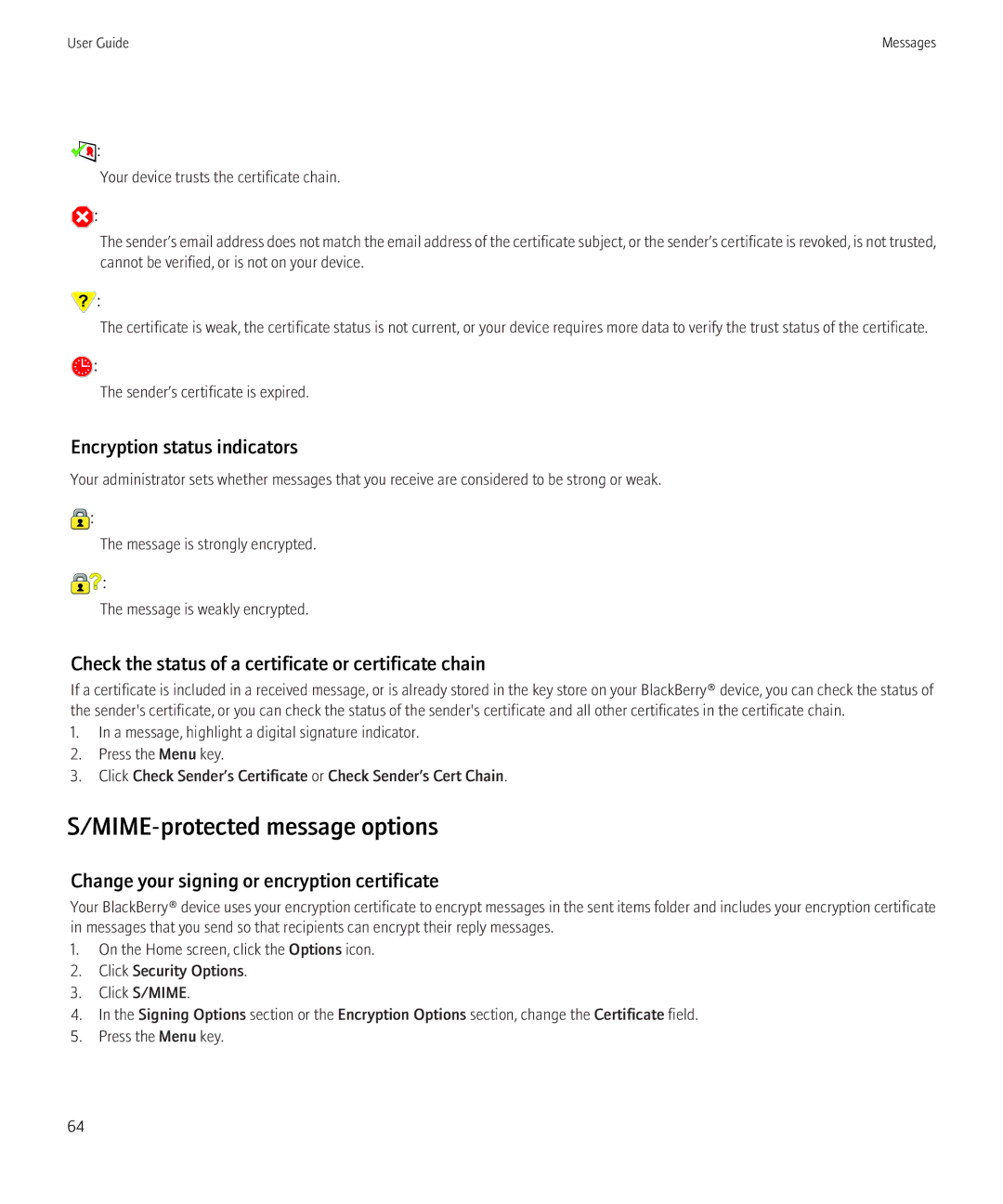 Blackberry 3980228 manual MIME-protected message options, Encryption status indicators 