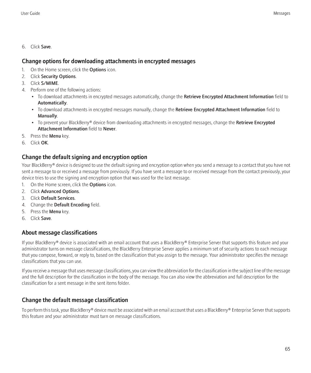 Blackberry 3980228 manual Change the default signing and encryption option, About message classifications 