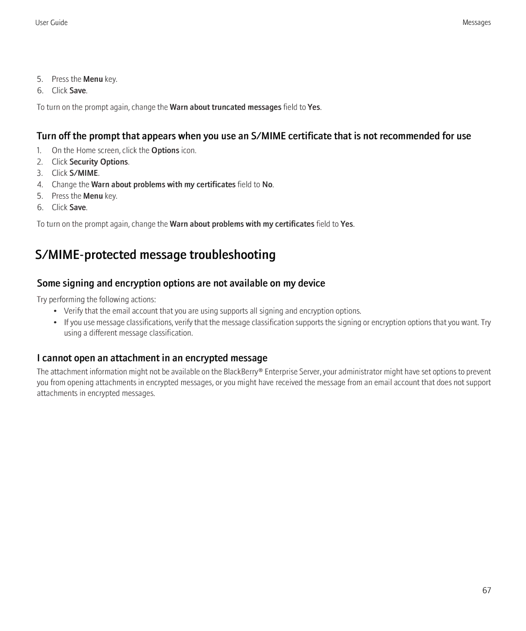 Blackberry 3980228 manual MIME-protected message troubleshooting, Cannot open an attachment in an encrypted message 