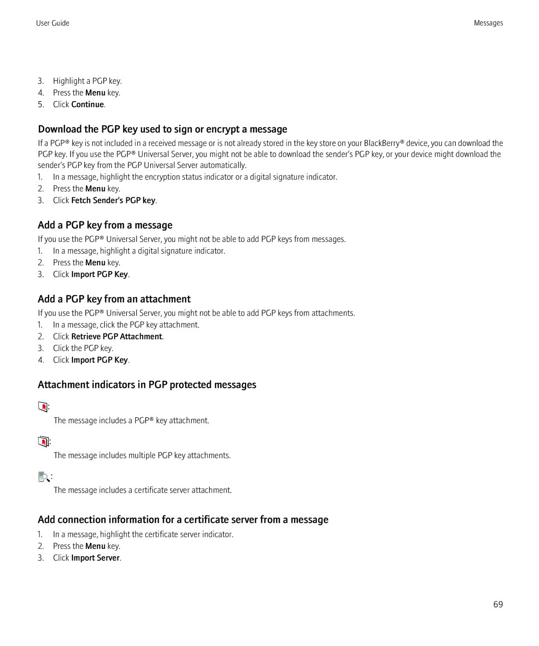 Blackberry 3980228 manual Download the PGP key used to sign or encrypt a message, Add a PGP key from a message 