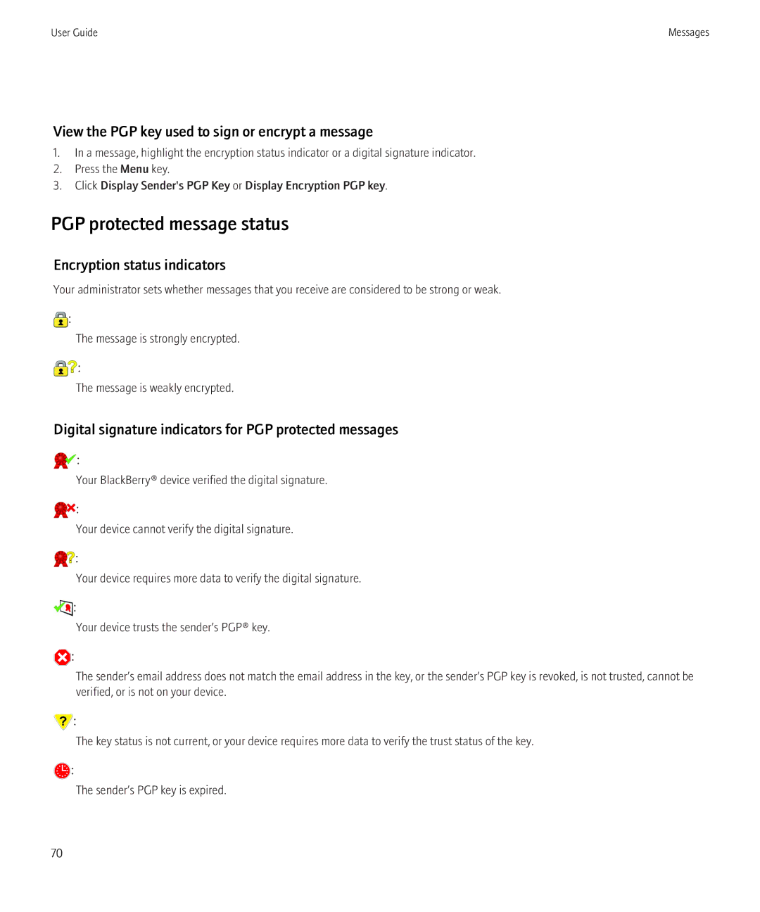 Blackberry 3980228 manual PGP protected message status, View the PGP key used to sign or encrypt a message 