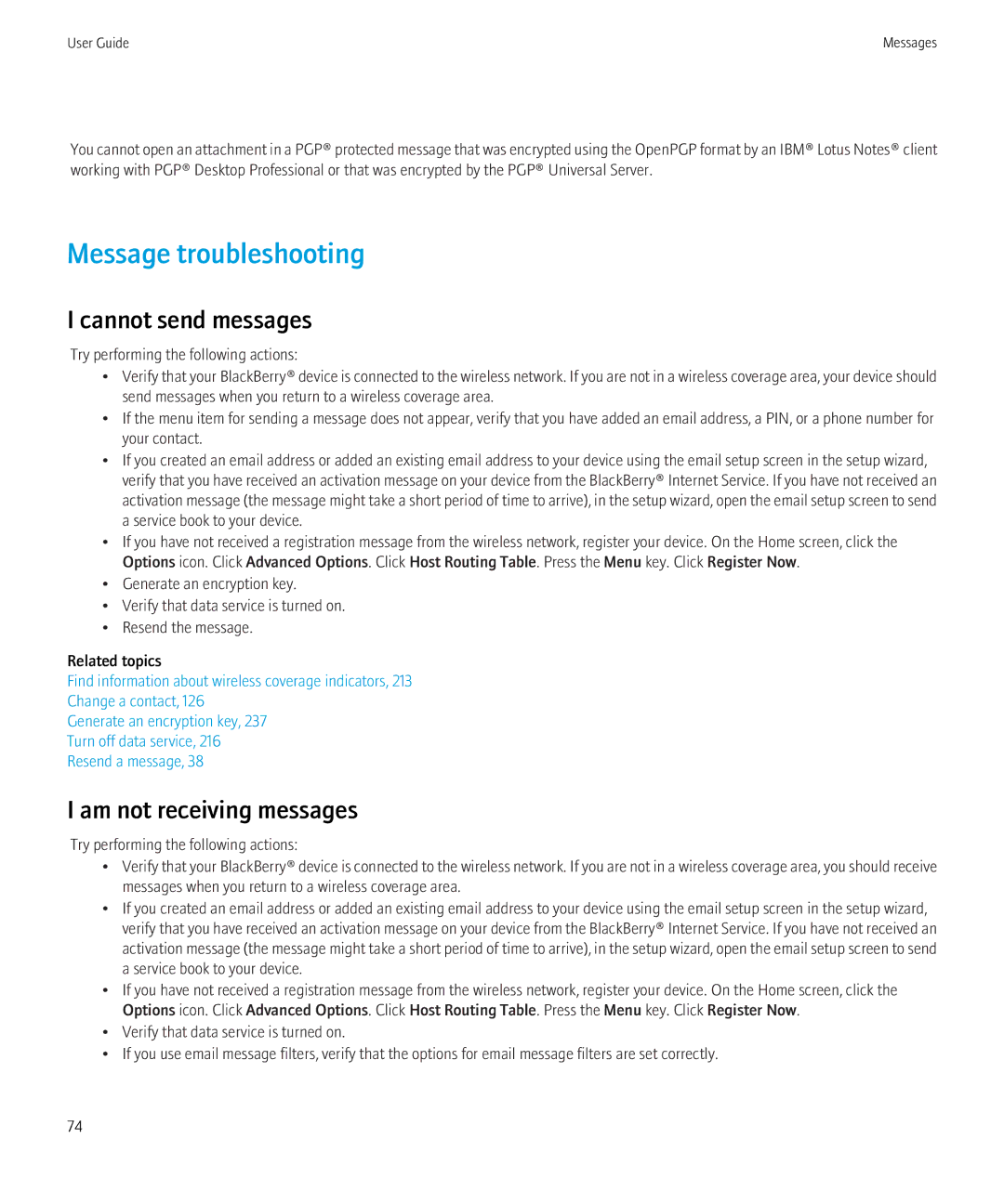 Blackberry 3980228 manual Message troubleshooting, Cannot send messages, Am not receiving messages 