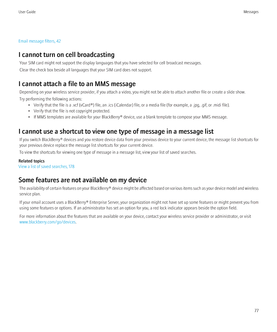 Blackberry 3980228 manual Cannot turn on cell broadcasting, Cannot attach a file to an MMS message 