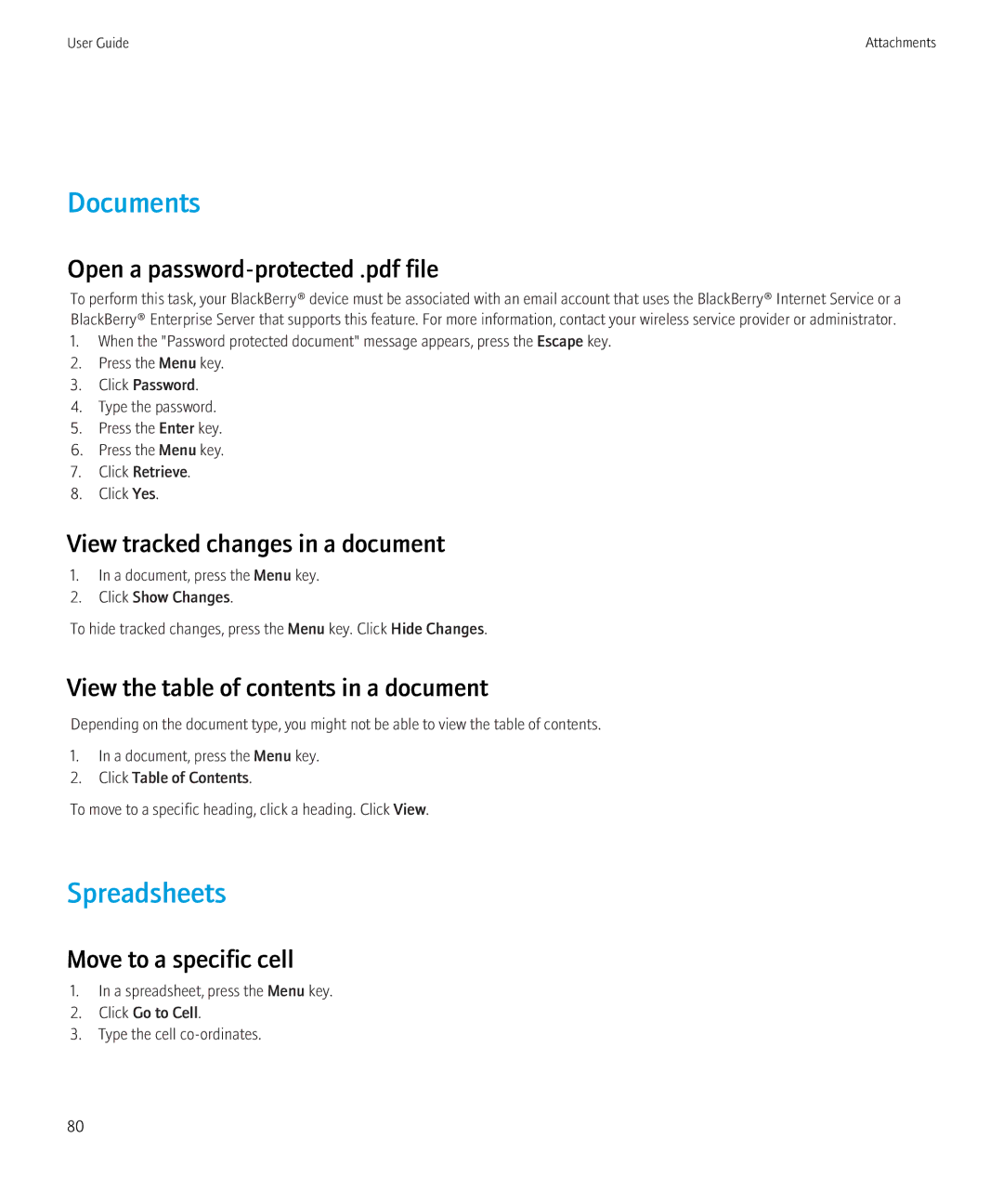 Blackberry 3980228 Documents, Spreadsheets, View tracked changes in a document, View the table of contents in a document 