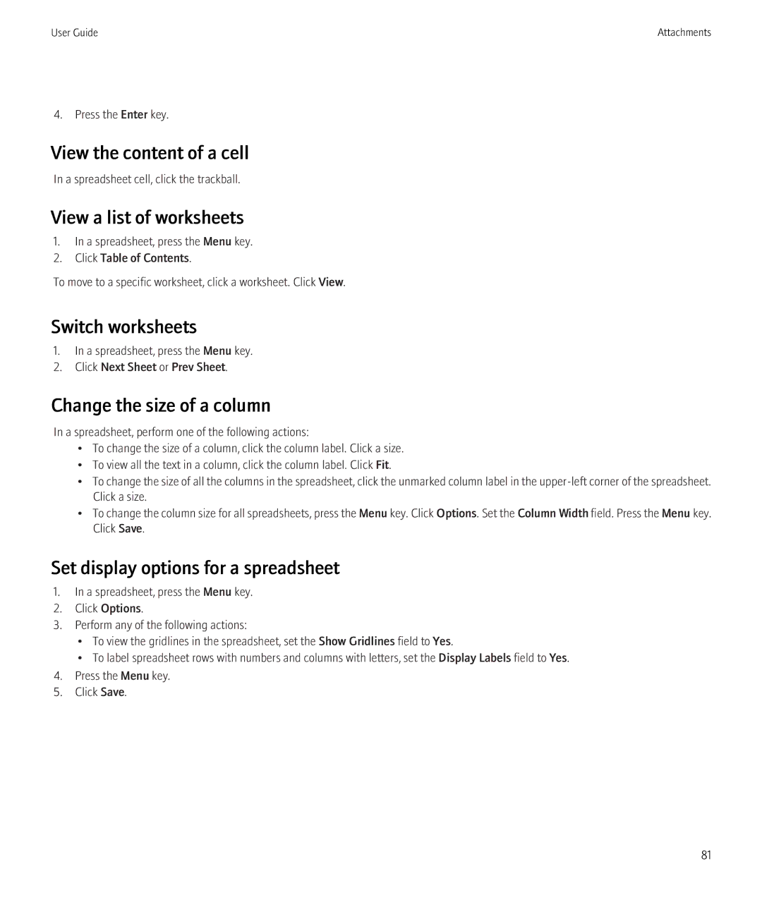 Blackberry 3980228 View the content of a cell, View a list of worksheets, Switch worksheets, Change the size of a column 