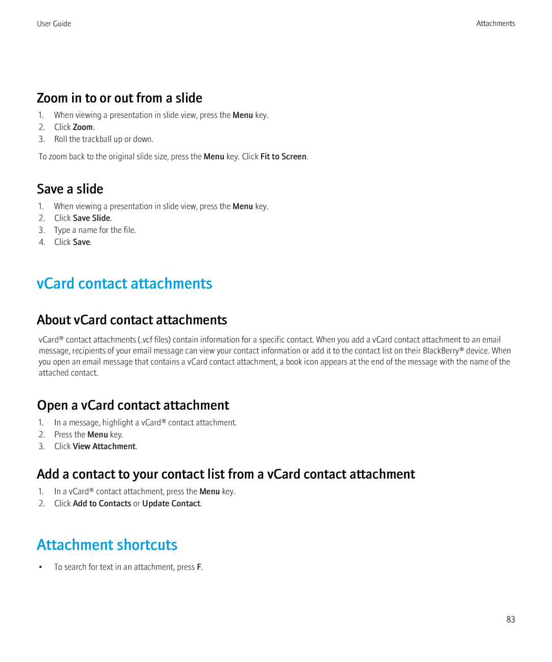 Blackberry 3980228 manual VCard contact attachments, Zoom in to or out from a slide, Save a slide 