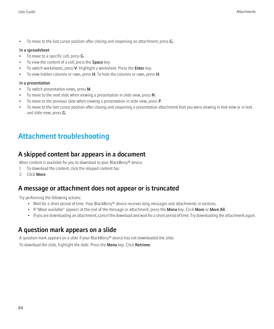 Blackberry 3980228 Attachment troubleshooting, Skipped content bar appears in a document, Question mark appears on a slide 