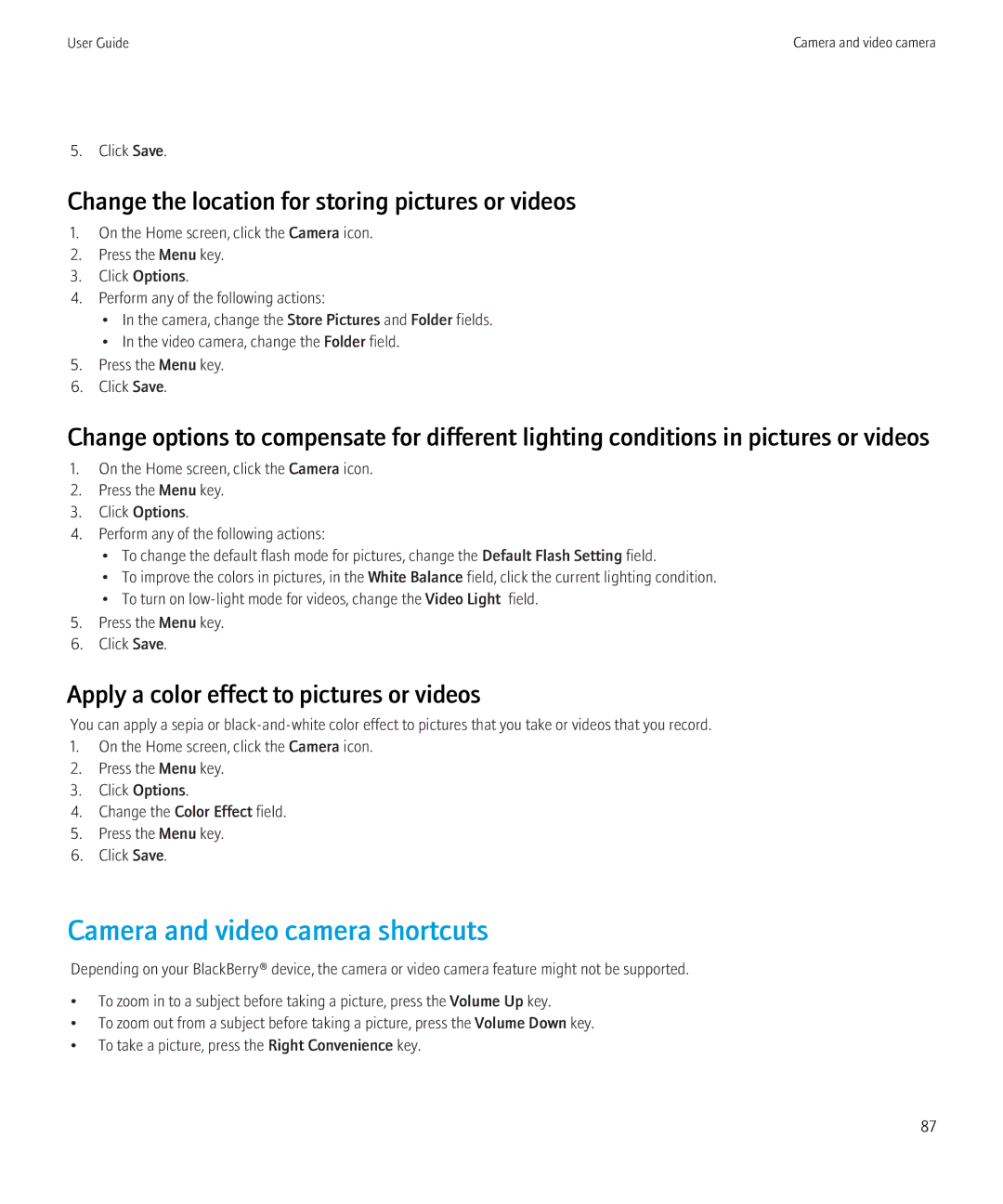 Blackberry 3980228 manual Change the location for storing pictures or videos, Apply a color effect to pictures or videos 