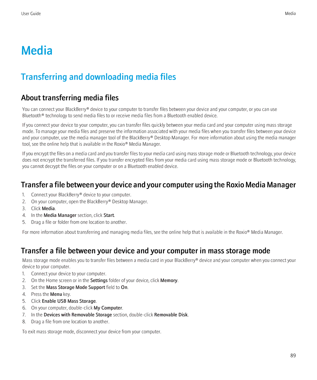 Blackberry 3980228 manual Media, Transferring and downloading media files, About transferring media files 