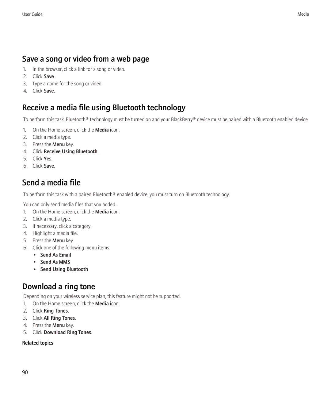 Blackberry 3980228 Save a song or video from a web, Receive a media file using Bluetooth technology, Send a media file 