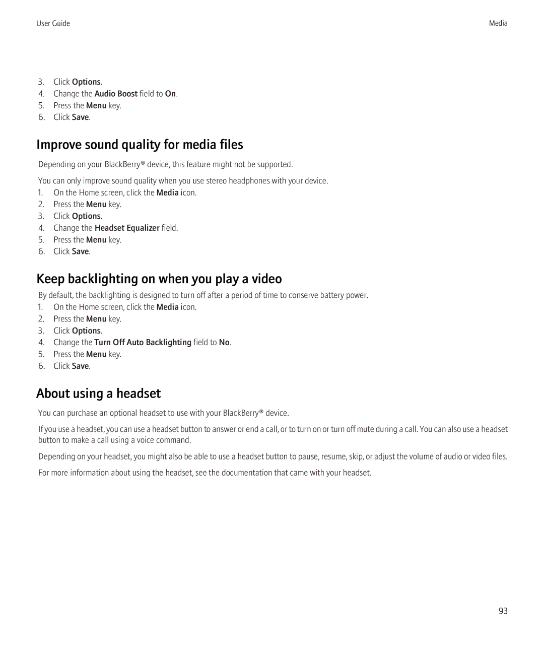 Blackberry 3980228 manual Improve sound quality for media files, Keep backlighting on when you play a video 