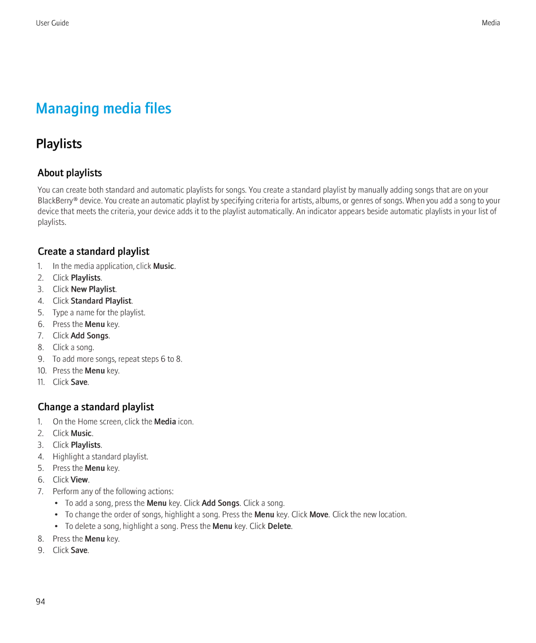 Blackberry 3980228 manual Managing media files, Playlists, About playlists, Create a standard playlist 