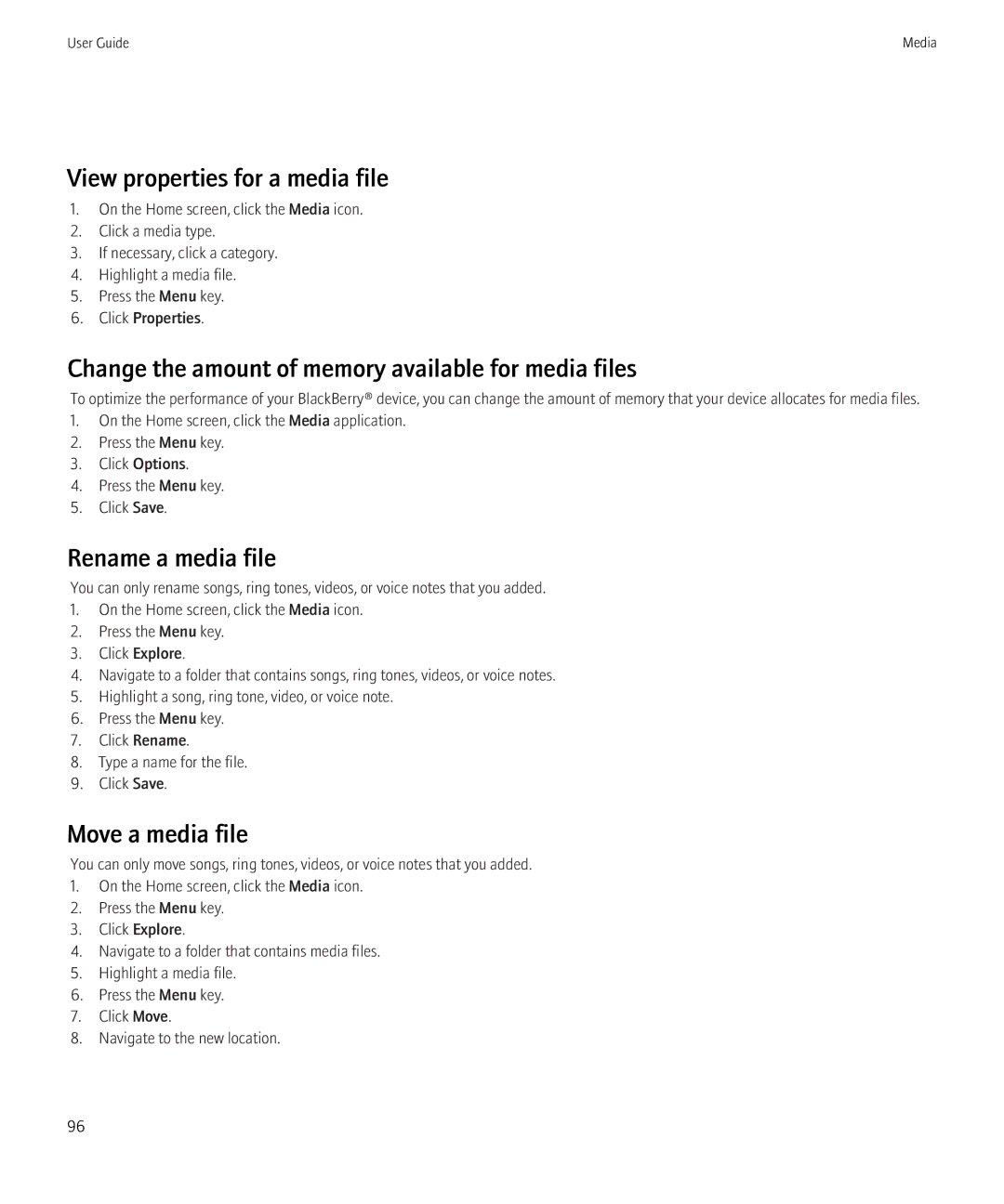 Blackberry 3980228 manual View properties for a media file, Change the amount of memory available for media files 