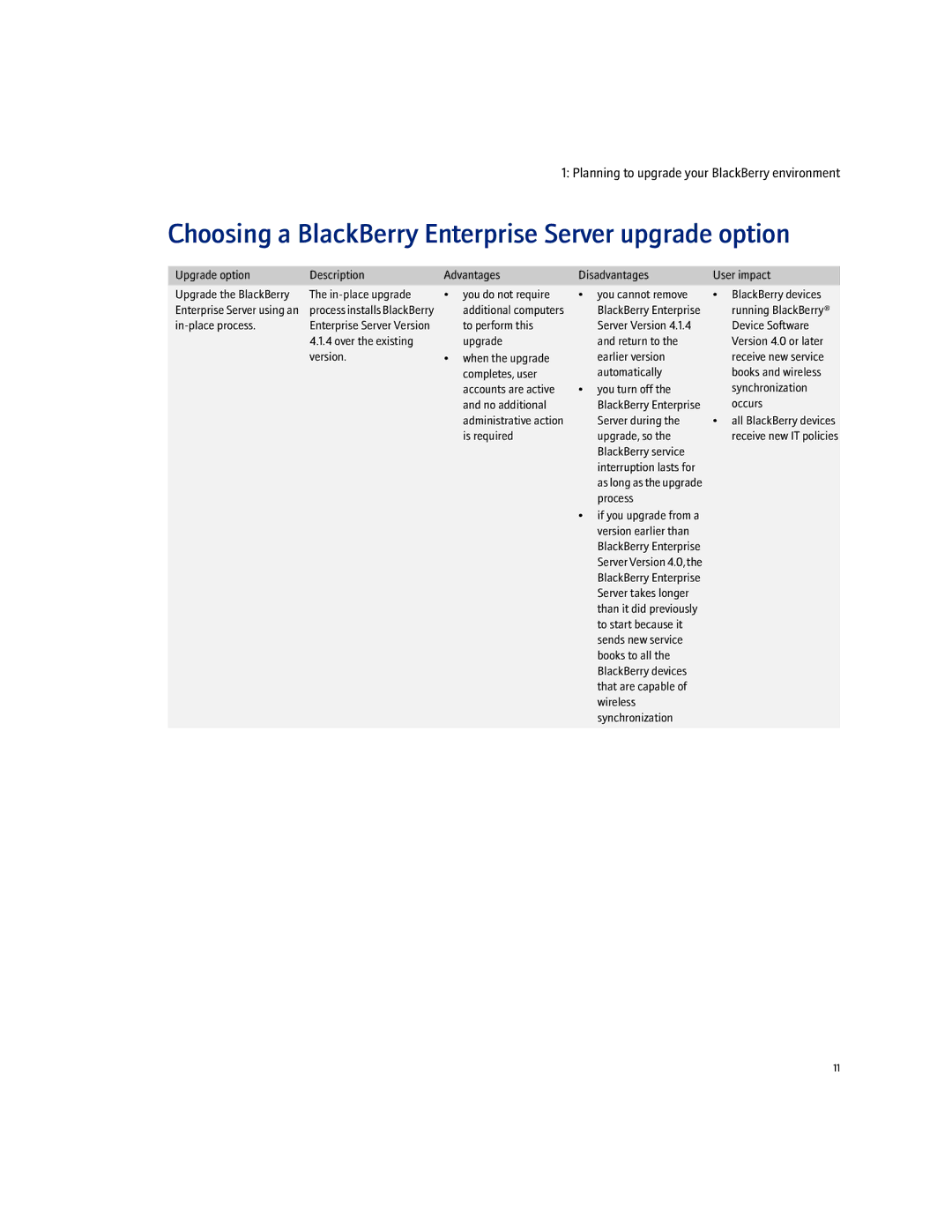 Blackberry 4.1.4 manual Choosing a BlackBerry Enterprise Server upgrade option 