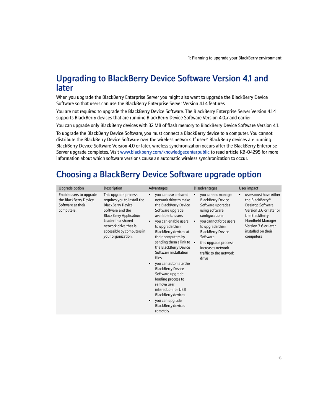 Blackberry 4.1.4 manual Choosing a BlackBerry Device Software upgrade option 