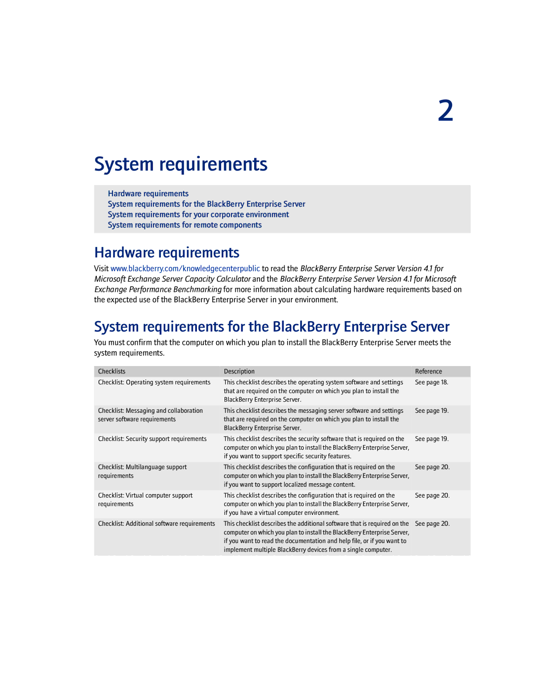 Blackberry 4.1.4 manual Checklists Description Reference, See, Server software requirements, BlackBerry Enterprise Server 