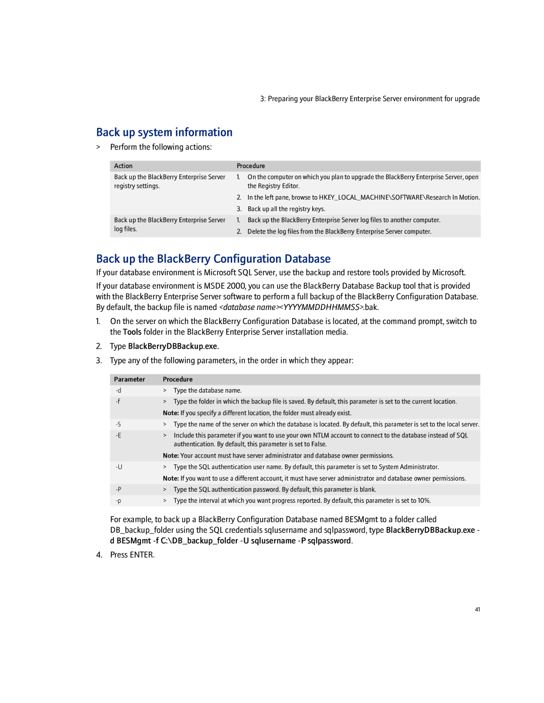 Blackberry 4.1.4 manual Back up the BlackBerry Configuration Database, Parameter Procedure Type the database name 