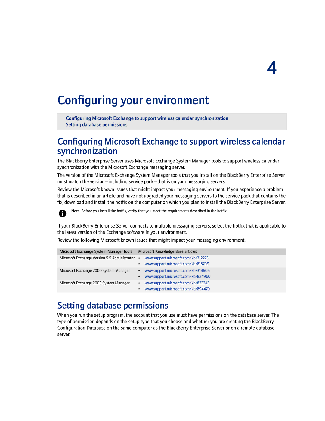 Blackberry 4.1.4 manual Setting database permissions, Microsoft Knowledge Base articles 