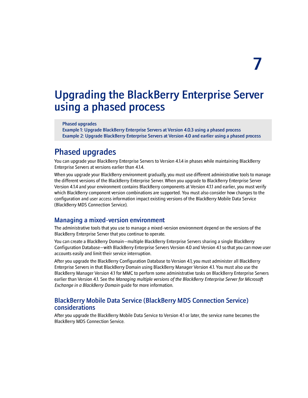 Blackberry 4.1.4 manual Phased upgrades, Managing a mixed-version environment 